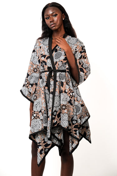 Women's Ankara Floral Print Wrap Style Dress with Belt Asymmetrical Hem and Kimono Sleeves