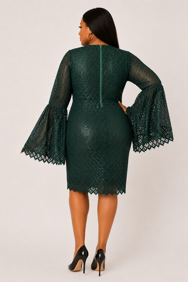 Emerald Green Lace Midi Dress Elegant Bell Sleeve Lace Dress Plus Size Formal Party Dress