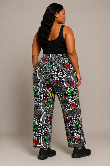 Ankara Print Wide Leg Pants Plus Size Black White Floral Geometric African Print Trousers Elastic Waist Women Casual Street Style African Pants