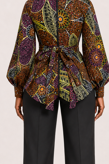 A woman shown from the back wearing a long-sleeve patterned peplum-style top with a tie waist and black wide-leg trousers, against a plain light beige studio background.