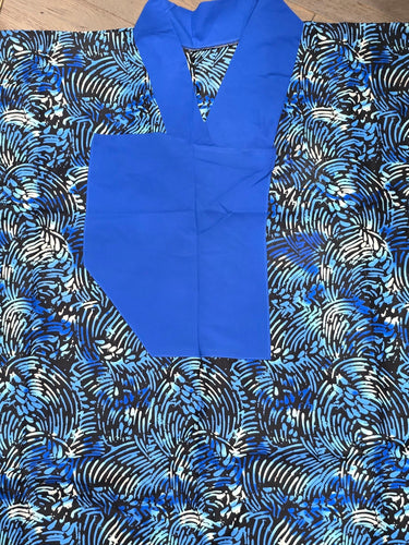 Royal Blue Ankara Kaftan Dress Bold African Print Knee Length Dress with Contrast Front Panel Plus Size African Dress