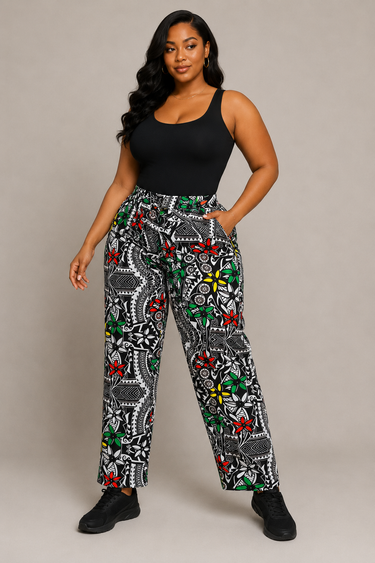 Ankara Print Wide Leg Pants Plus Size Black White Floral Geometric African Print Trousers Elastic Waist Women Casual Street Style African Pants