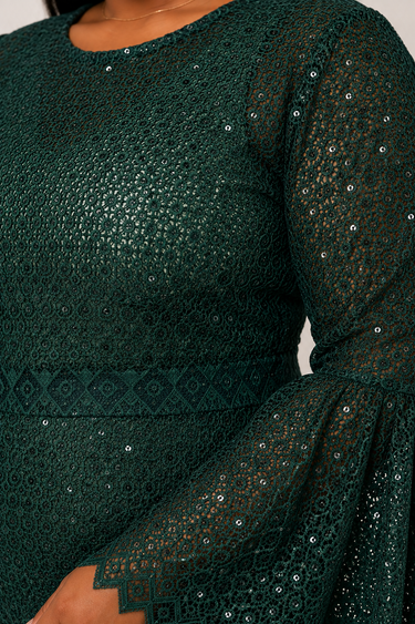 Emerald Green Lace Midi Dress Elegant Bell Sleeve Lace Dress Plus Size Formal Party Dress