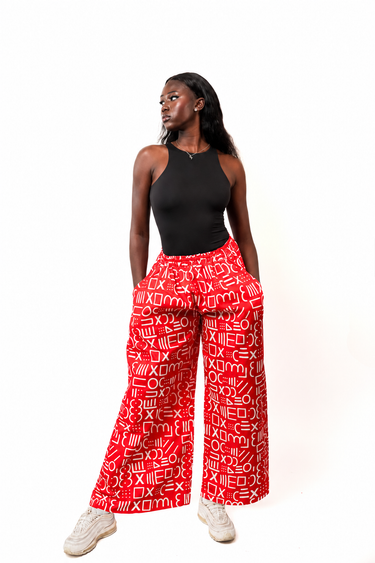 Women's Red Ankara Wide Leg Palazzo Pants with Pockets High Waist Afro Print Casual Trousers