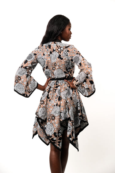 Women's Ankara Floral Print Wrap Style Dress with Belt Asymmetrical Hem and Kimono Sleeves
