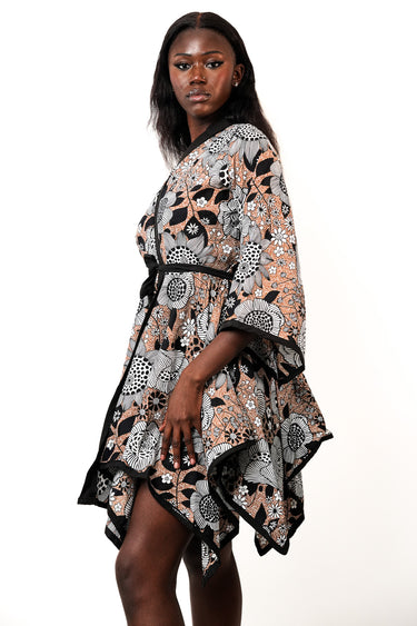 Women's Ankara Floral Print Wrap Style Dress with Belt Asymmetrical Hem and Kimono Sleeves