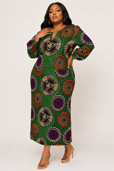 Ankara Maxi Dress Green African Print Long Sleeve Bodycon Dress Plus S