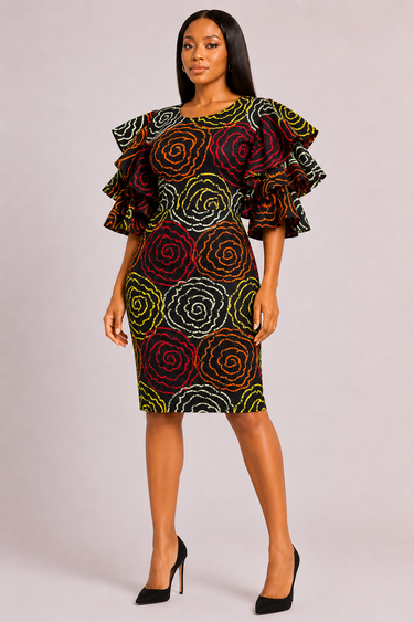 Ankara Bodycon Midi Dress African Rose Print Tiered Ruffle Sleeve Fitt