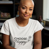 Close-up of inspiring floral graphic tee on model