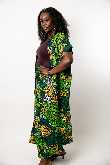 Green Ankara Kimono and Wide Leg Pant Set | African Print Two Piece Outfit | Plus Size Women Matching Clothing