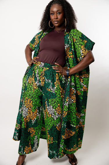 Green Ankara Kimono and Wide Leg Pant Set | African Print Two Piece Outfit | Plus Size Women Matching Clothing