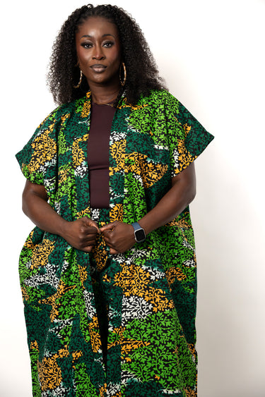 Green Ankara Kimono and Wide Leg Pant Set | African Print Two Piece Outfit | Plus Size Women Matching Clothing