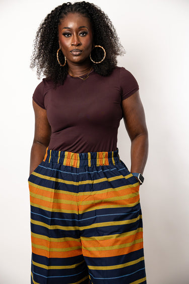 Ankara Wide Leg Palazzo Pants | Navy Blue Orange African Print Pants | High Waist Plus Size Ankara Trousers for Women