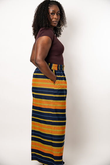 Ankara Wide Leg Palazzo Pants | Navy Blue Orange African Print Pants | High Waist Plus Size Ankara Trousers for Women