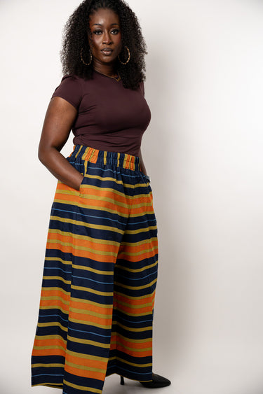 Ankara Wide Leg Palazzo Pants | Navy Blue Orange African Print Pants | High Waist Plus Size Ankara Trousers for Women