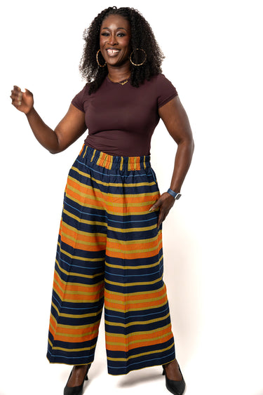 Ankara Wide Leg Palazzo Pants | Navy Blue Orange African Print Pants | High Waist Plus Size Ankara Trousers for Women