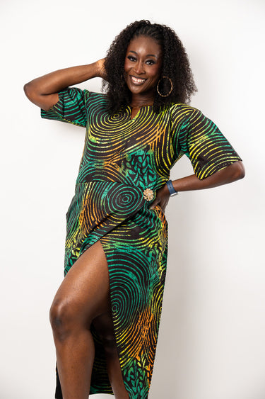 Ankara Maxi Dress | Green African Print Dress with Open Front Slit | Plus Size Ankara Dress for Women