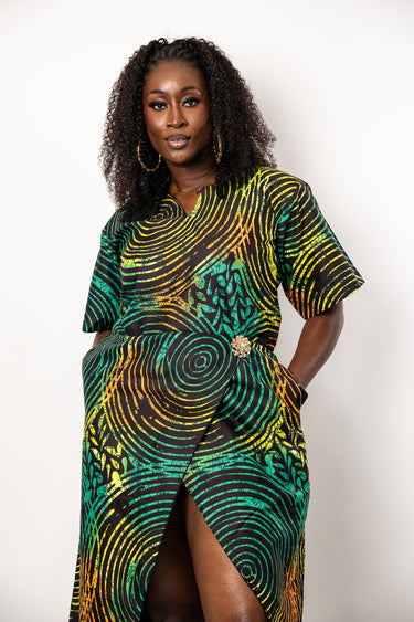Ankara Maxi Dress | Green African Print Dress with Open Front Slit | Plus Size Ankara Dress for Women
