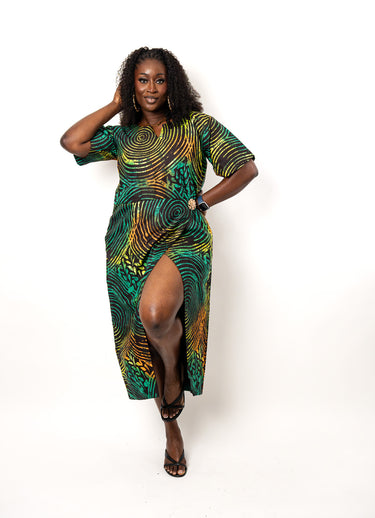 Ankara Maxi Dress | Green African Print Dress with Open Front Slit | Plus Size Ankara Dress for Women