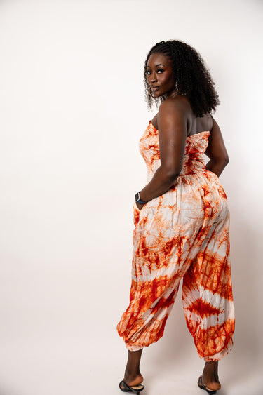 Adire Strapless Jumpsuit | Orange Tie Dye African Print Harem Jumpsuit | Plus Size Adire Jumpsuit for Women