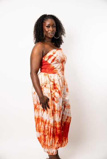 Adire Strapless Jumpsuit | Orange Tie Dye African Print Harem Jumpsuit | Plus Size Adire Jumpsuit for Women