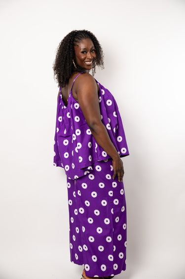 Purple Ankara Two Piece Set | Free Flowing African Print Top and Extra Wide Leg Pants | Plus Size Ankara Pant Set for Women