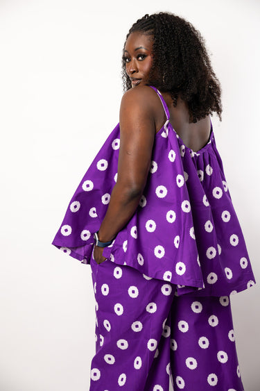 Purple Ankara Two Piece Set | Free Flowing African Print Top and Extra Wide Leg Pants | Plus Size Ankara Pant Set for Women