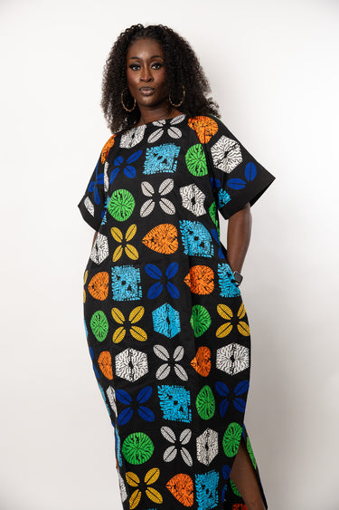 Black Ankara Maxi Dress | Multicolor African Print Free Dress | Loose Fit Ankara Caftan Dress | Plus Size African Dress for Women