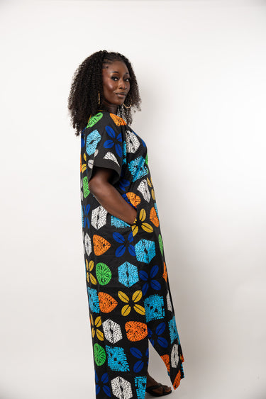 Black Ankara Maxi Dress | Multicolor African Print Free Dress | Loose Fit Ankara Caftan Dress | Plus Size African Dress for Women