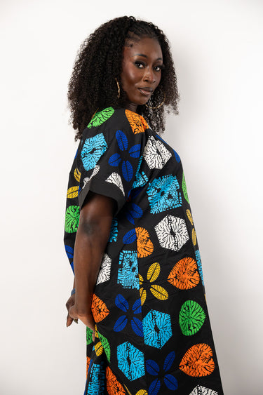 Black Ankara Maxi Dress | Multicolor African Print Free Dress | Loose Fit Ankara Caftan Dress | Plus Size African Dress for Women