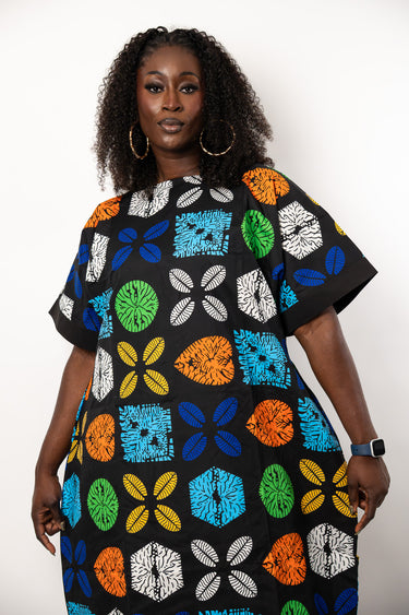 Black Ankara Maxi Dress | Multicolor African Print Free Dress | Loose Fit Ankara Caftan Dress | Plus Size African Dress for Women