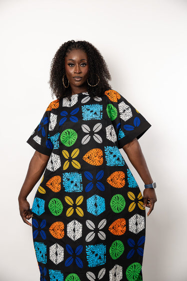 Black Ankara Maxi Dress | Multicolor African Print Free Dress | Loose Fit Ankara Caftan Dress | Plus Size African Dress for Women