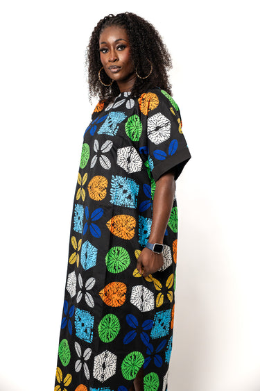 Black Ankara Maxi Dress | Multicolor African Print Free Dress | Loose Fit Ankara Caftan Dress | Plus Size African Dress for Women
