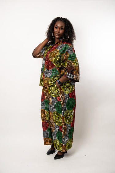 Ankara Shirt and Wide Leg Pant Set | Multicolor African Print Two Piece Outfit | Relaxed Ankara Pants Set for Women | Plus Size African Clothing  Product Description