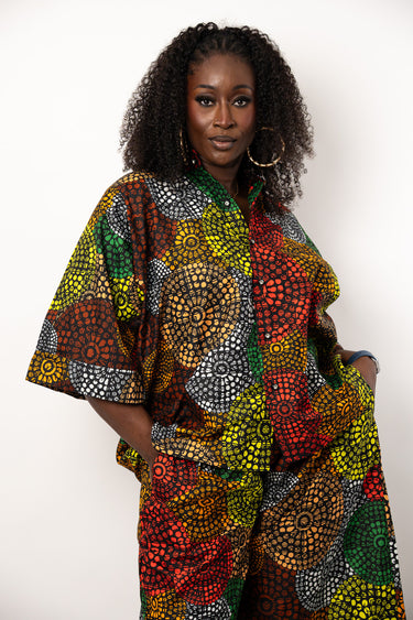 Ankara Shirt and Wide Leg Pant Set | Multicolor African Print Two Piece Outfit | Relaxed Ankara Pants Set for Women | Plus Size African Clothing  Product Description