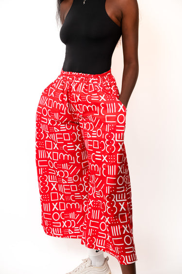 Women's Red Ankara Wide Leg Palazzo Pants with Pockets High Waist Afro Print Casual Trousers