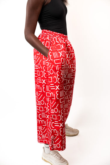 Women's Red Ankara Wide Leg Palazzo Pants with Pockets High Waist Afro Print Casual Trousers