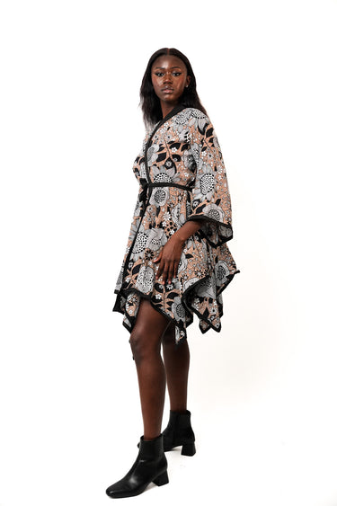Women's Ankara Floral Print Wrap Style Dress with Belt Asymmetrical Hem and Kimono Sleeves