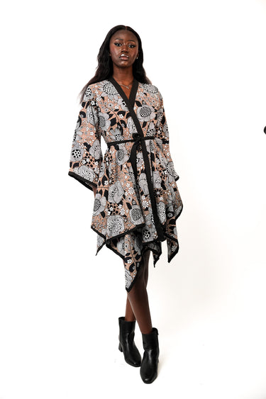 Women's Ankara Floral Print Wrap Style Dress with Belt Asymmetrical Hem and Kimono Sleeves