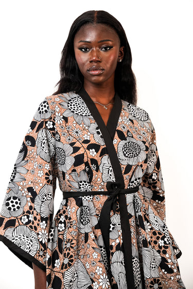 Women's Ankara Floral Print Wrap Style Dress with Belt Asymmetrical Hem and Kimono Sleeves