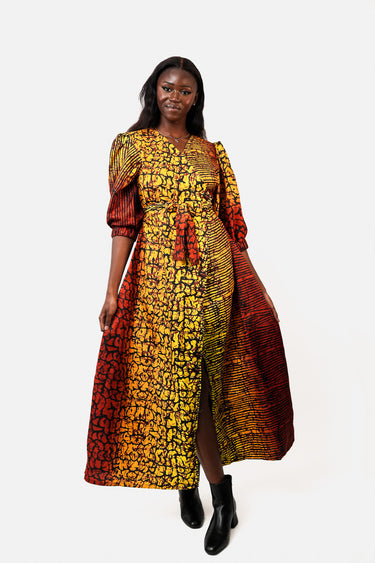 Women's Ankara Print Maxi Dress with Puff Sleeves V Neck Tie Waist and Front Slit Yellow Orange Red Afro Dress