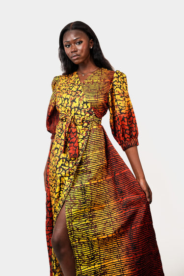 Women's Ankara Print Maxi Dress with Puff Sleeves V Neck Tie Waist and Front Slit Yellow Orange Red Afro Dress
