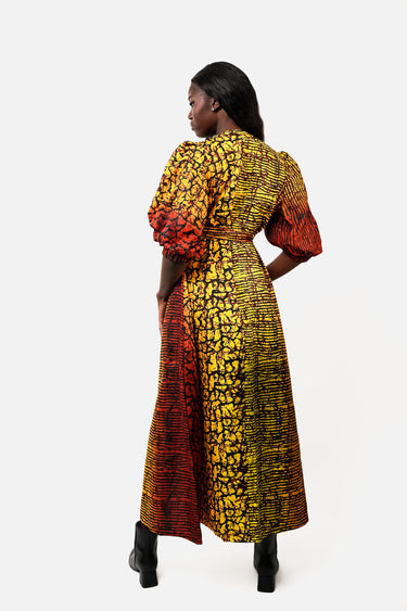 Women's Ankara Print Maxi Dress with Puff Sleeves V Neck Tie Waist and Front Slit Yellow Orange Red Afro Dress