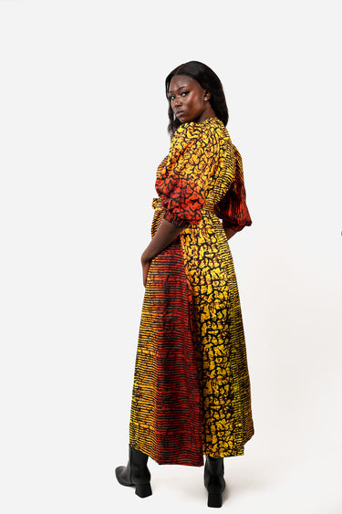Women's Ankara Print Maxi Dress with Puff Sleeves V Neck Tie Waist and Front Slit Yellow Orange Red Afro Dress