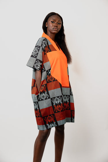 Women's Ankara Short Kaftan Dress with Orange Contrast Front Panel V Neck Oversized Relaxed Fit Short Sleeves and Pockets Afro Print Mini Dress