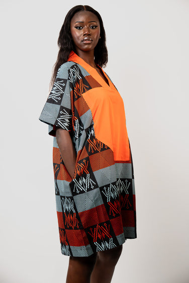 Women's Ankara Short Kaftan Dress with Orange Contrast Front Panel V Neck Oversized Relaxed Fit Short Sleeves and Pockets Afro Print Mini Dress