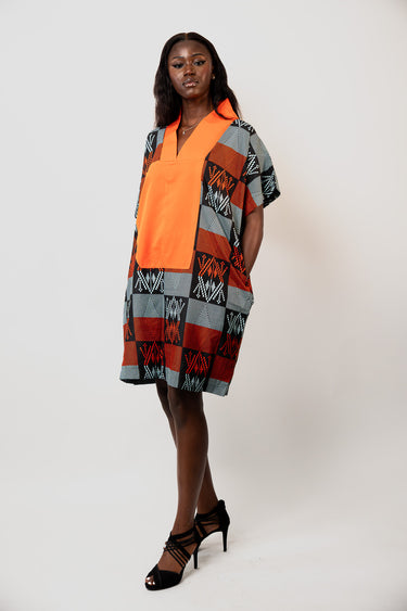 Women's Ankara Short Kaftan Dress with Orange Contrast Front Panel V Neck Oversized Relaxed Fit Short Sleeves and Pockets Afro Print Mini Dress