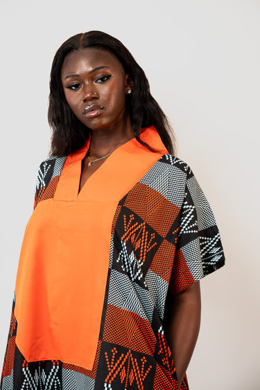 Women's Ankara Short Kaftan Dress with Orange Contrast Front Panel V Neck Oversized Relaxed Fit Short Sleeves and Pockets Afro Print Mini Dress