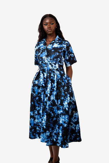 Women's Premium Ankara Midi Shirt Dress Blue and Black Tie Dye Print Button Front Collared Neck Short Sleeves Belted Waist and Pockets