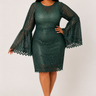 Emerald green lace midi dress for women with elegant long bell sleeves